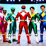 A group of adult Power Rangers fans, fully clothed in highly detailed, screen-accurate cosplay costumes. Each individual is in a distinct, vibrant Power Ranger suit, depicting various seasons from classic to modern. They are posed in a dynamic, heroic team stance within a lively fan convention hall in South Korea, with bright exhibition lights and a blurred background of other attendees. Natural body proportions, perfect anatomy, well-formed hands, correct proportions. High-resolution photography, professional studio lighting. Safe for work, appropriate content, fully clothed, family-friendly.