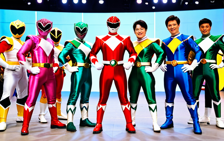 A group of adult Power Rangers fans, fully clothed in highly detailed, screen-accurate cosplay costumes. Each individual is in a distinct, vibrant Power Ranger suit, depicting various seasons from classic to modern. They are posed in a dynamic, heroic team stance within a lively fan convention hall in South Korea, with bright exhibition lights and a blurred background of other attendees. Natural body proportions, perfect anatomy, well-formed hands, correct proportions. High-resolution photography, professional studio lighting. Safe for work, appropriate content, fully clothed, family-friendly.