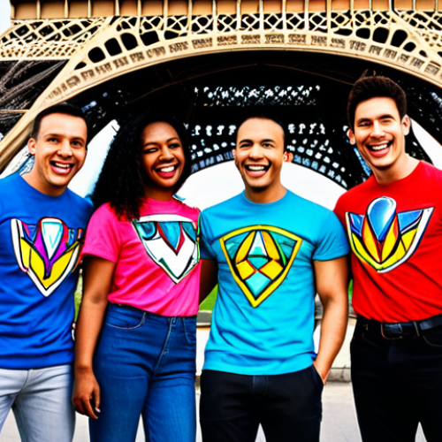 Mighty Morphin Nostalgia**

"A group of diverse friends in Paris, France, wearing Power Rangers t-shirts (Mighty Morphin era), laughing and posing for a photo in front of the Eiffel Tower. Fully clothed, appropriate attire, safe for work, perfect anatomy, natural pose, professional photography, high quality, family-friendly."

**