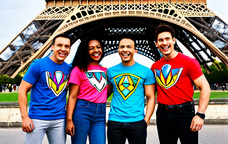 Mighty Morphin Nostalgia**

"A group of diverse friends in Paris, France, wearing Power Rangers t-shirts (Mighty Morphin era), laughing and posing for a photo in front of the Eiffel Tower. Fully clothed, appropriate attire, safe for work, perfect anatomy, natural pose, professional photography, high quality, family-friendly."

**