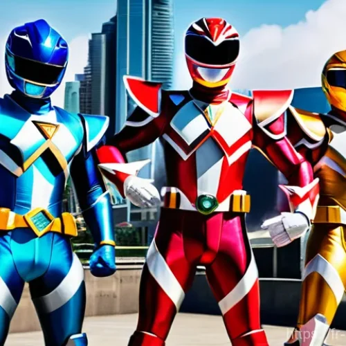 Home 23 파워레인저 장난감 트렌드 - **Prompt:** A group of five Power Rangers, vibrant and fully armored in their iconic, colorful suits...