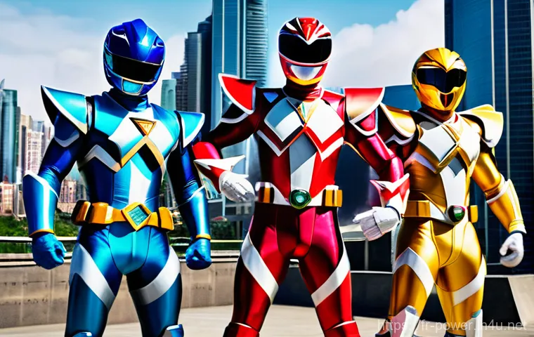 파워레인저 장난감 트렌드 - **Prompt:** A group of five Power Rangers, vibrant and fully armored in their iconic, colorful suits...