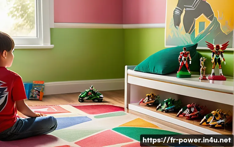 파워레인저 인형 컬렉션 - **"A nostalgic scene of a child, around 8-10 years old, wearing a comfortable t-shirt and shorts, in...