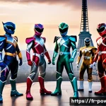 파워레인저 유명 대사 모음 - A dynamic scene of five Power Rangers standing united on a futuristic Paris rooftop at dusk, wearing...