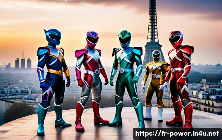 파워레인저 유명 대사 모음 - A dynamic scene of five Power Rangers standing united on a futuristic Paris rooftop at dusk, wearing...