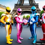 파워레인저 인기 비결 - A vibrant scene at a French comic convention featuring diverse Power Rangers cosplayers of all ages ...