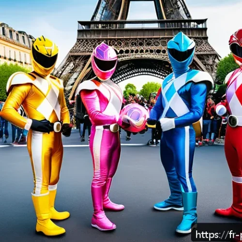파워레인저 인기 비결 - A vibrant scene at a French comic convention featuring diverse Power Rangers cosplayers of all ages ...