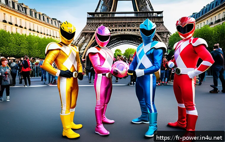 파워레인저 인기 비결 - A vibrant scene at a French comic convention featuring diverse Power Rangers cosplayers of all ages ...
