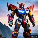 파워레인저 메가조드 기원 - A majestic Megazord standing tall on a rocky cliff under a twilight sky, combining elements inspired...
