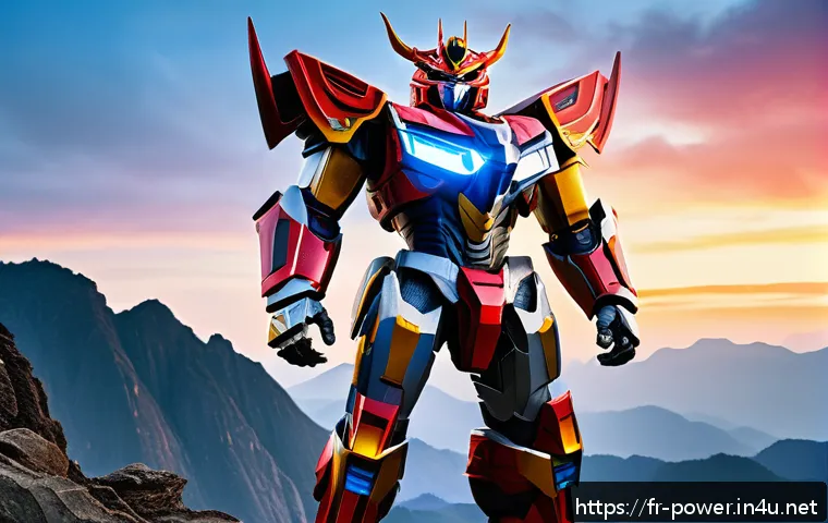 파워레인저 메가조드 기원 - A majestic Megazord standing tall on a rocky cliff under a twilight sky, combining elements inspired...