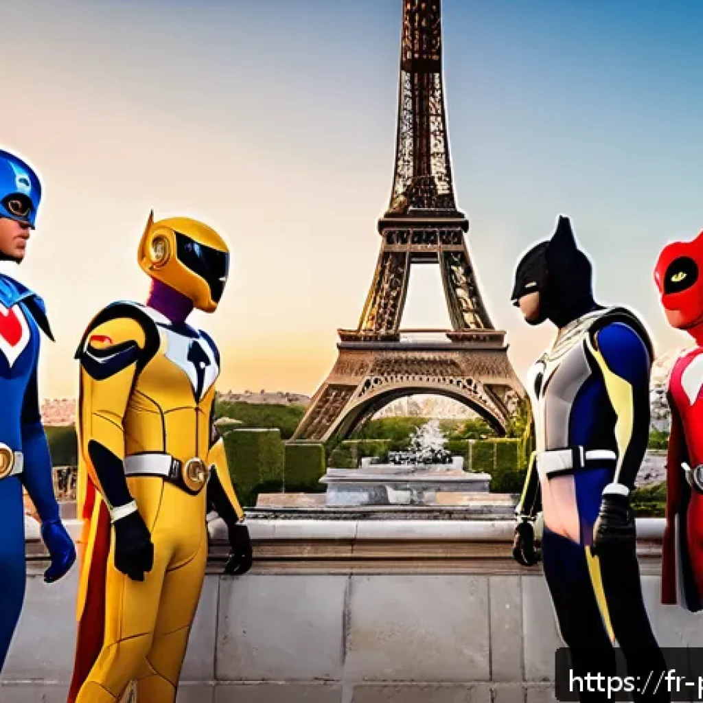 파워레인저 일본판 슈퍼전대와의 차이 - A dynamic scene featuring a team of five French-inspired superheroes in colorful, symbolic costumes ...