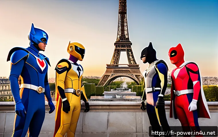 파워레인저 일본판 슈퍼전대와의 차이 - A dynamic scene featuring a team of five French-inspired superheroes in colorful, symbolic costumes ...
