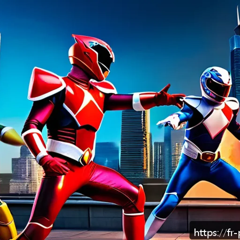 파워레인저 실사와 애니 비교 - A dynamic live-action Power Rangers battle scene set in a realistic urban environment at dusk, featu...