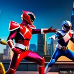 파워레인저 실사와 애니 비교 - A dynamic live-action Power Rangers battle scene set in a realistic urban environment at dusk, featu...