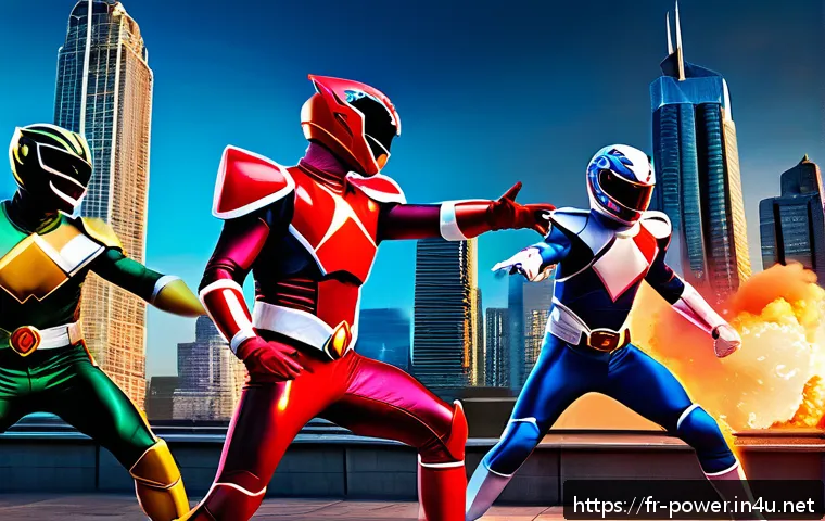 파워레인저 실사와 애니 비교 - A dynamic live-action Power Rangers battle scene set in a realistic urban environment at dusk, featu...