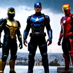 파워레인저 포스터 아트워크 - Photorealistic cinematic superhero poster artwork, five color-coded masked armored heroes standing o...