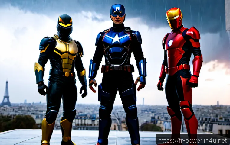 파워레인저 포스터 아트워크 - Photorealistic cinematic superhero poster artwork, five color-coded masked armored heroes standing o...